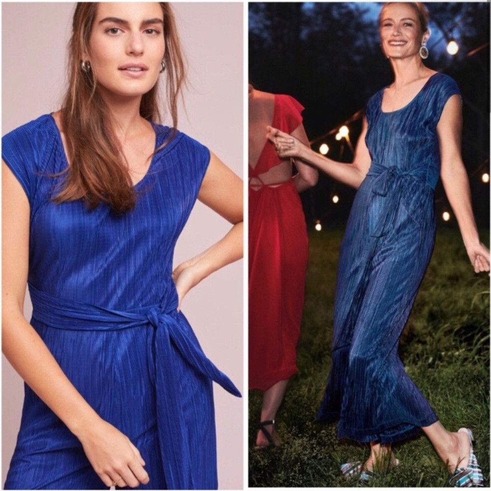 Maeve Anthropologie Sonata Jumpsuit Pleated Royal Blue Tie Waist - Picture 2 of 5